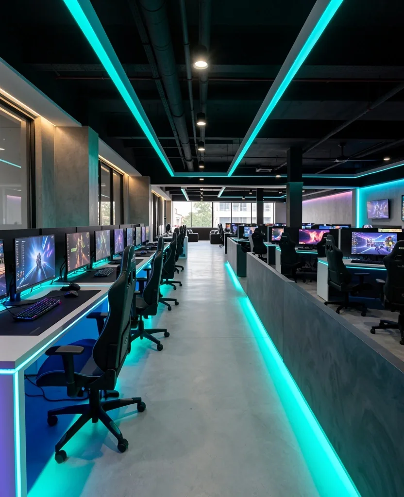 Interior del centro de computación Renvador con iluminación cyan