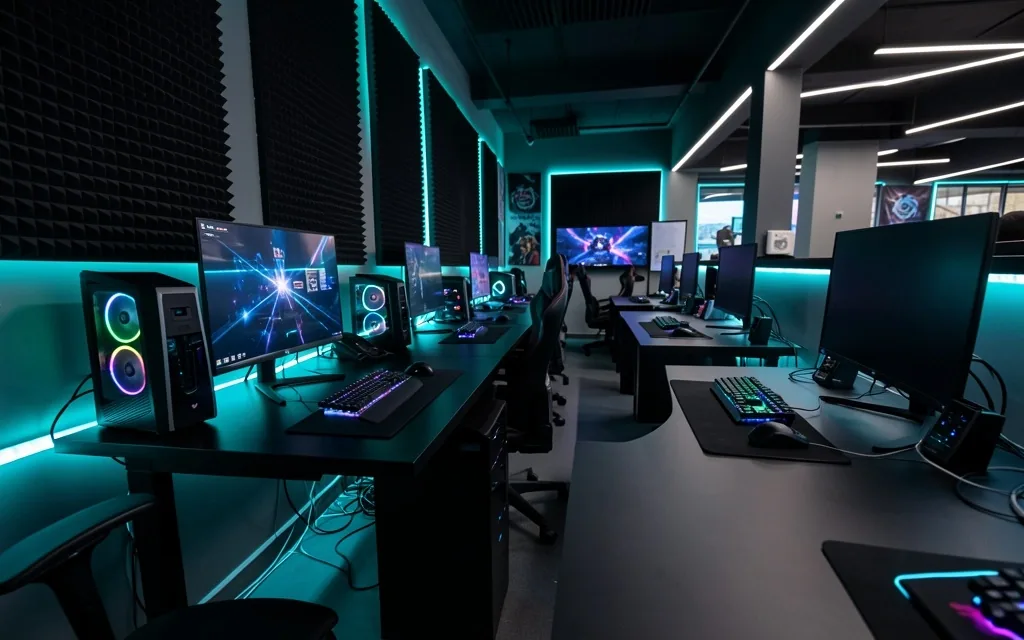 Interior del centro de computación Renvador con iluminación cyan