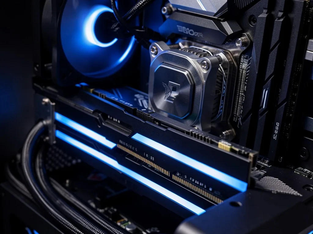Interior de un equipo de alto rendimiento con iluminación cian