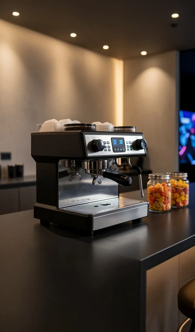 Barra de snacks y café en zona de descanso