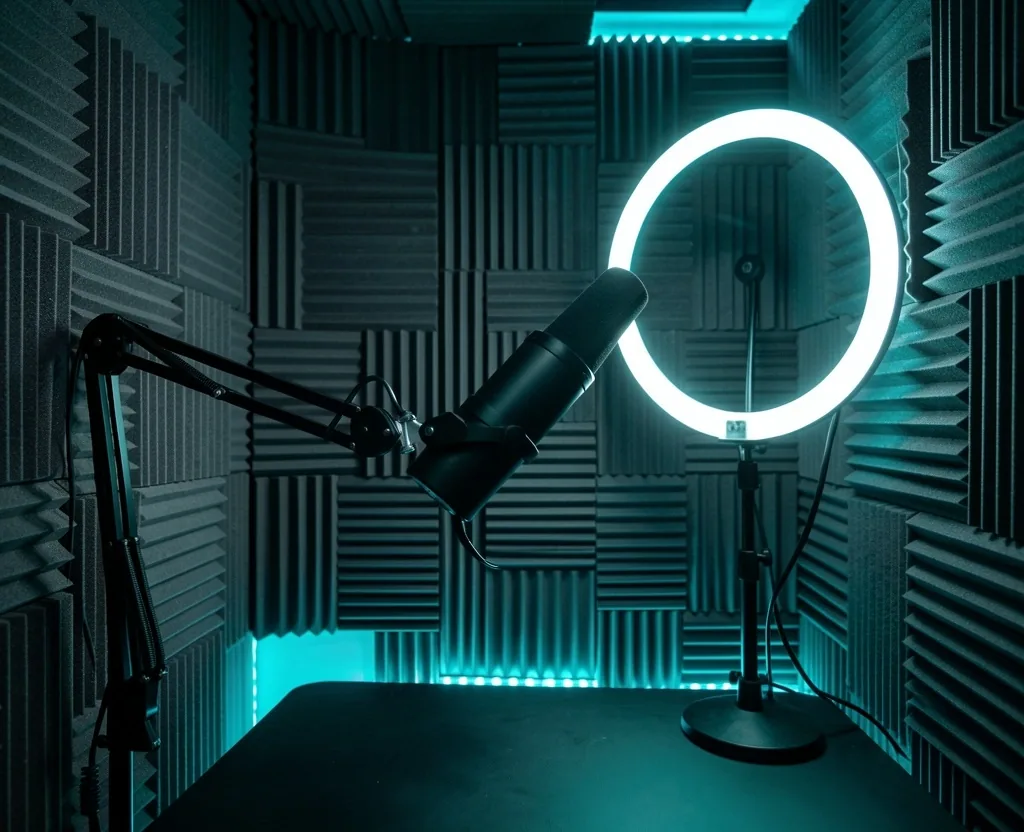 Cabina insonorizada con equipamiento de audio y video para streaming