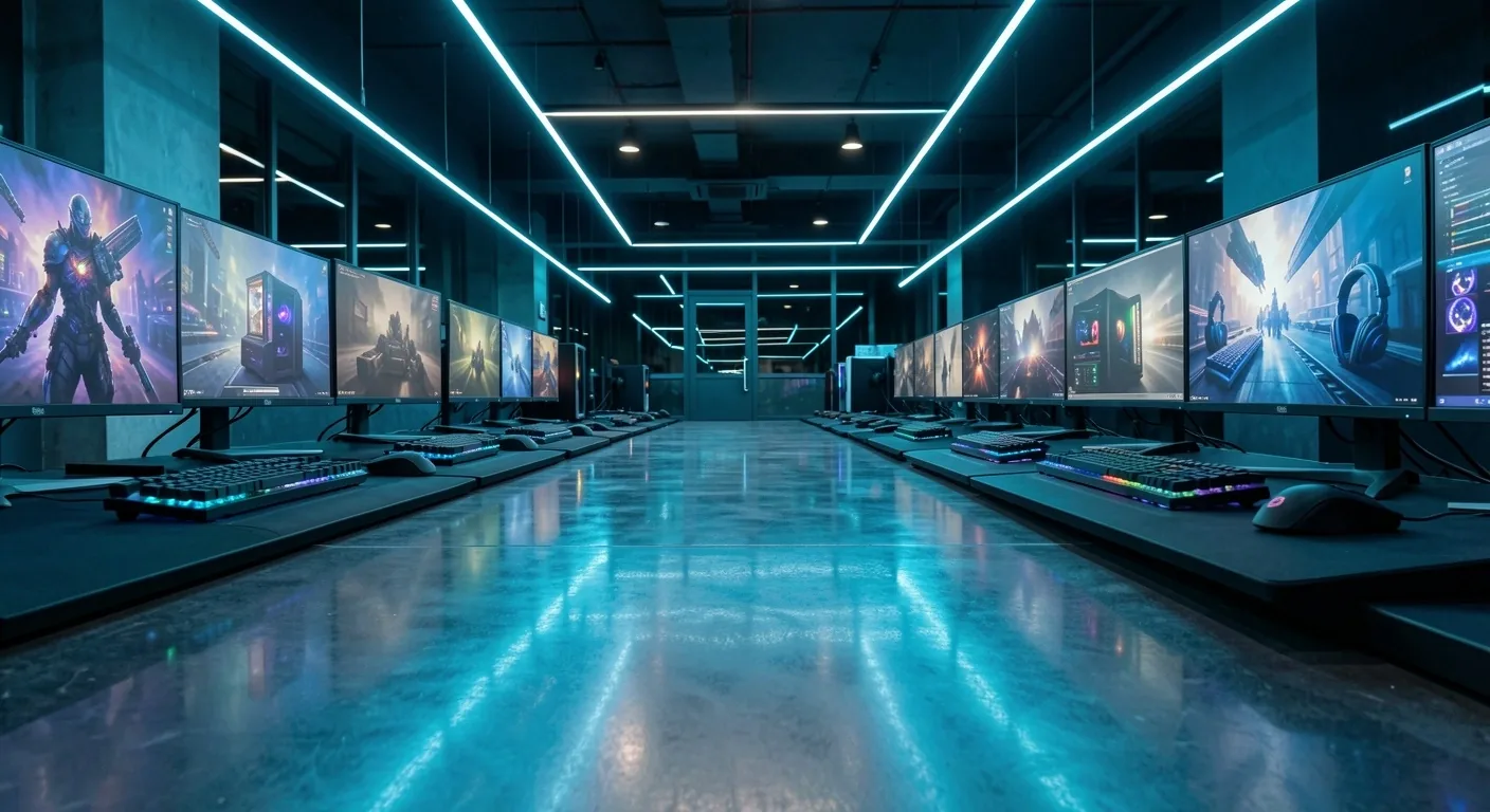 Interior del centro de cómputo Renvador con iluminación ambiental cian