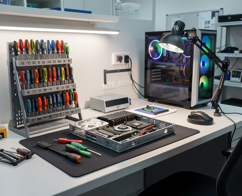 Laboratorio de mantenimiento con herramientas de precisión