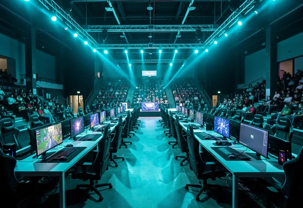 Sala de torneo con estaciones alineadas e iluminación de escenario