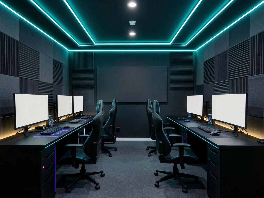 Sala privada con monitores dispuestos para trabajo en equipo