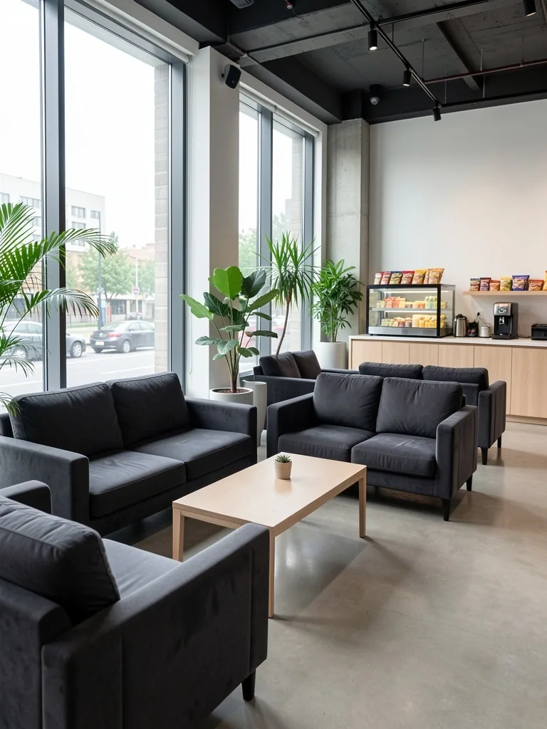 Zona de cafetería y descanso con mobiliario moderno