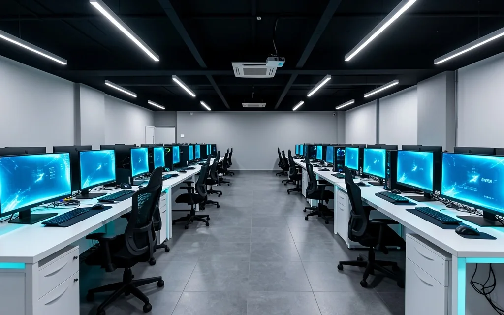 Interior del centro de computación Renvador con estaciones de trabajo ergonómicas