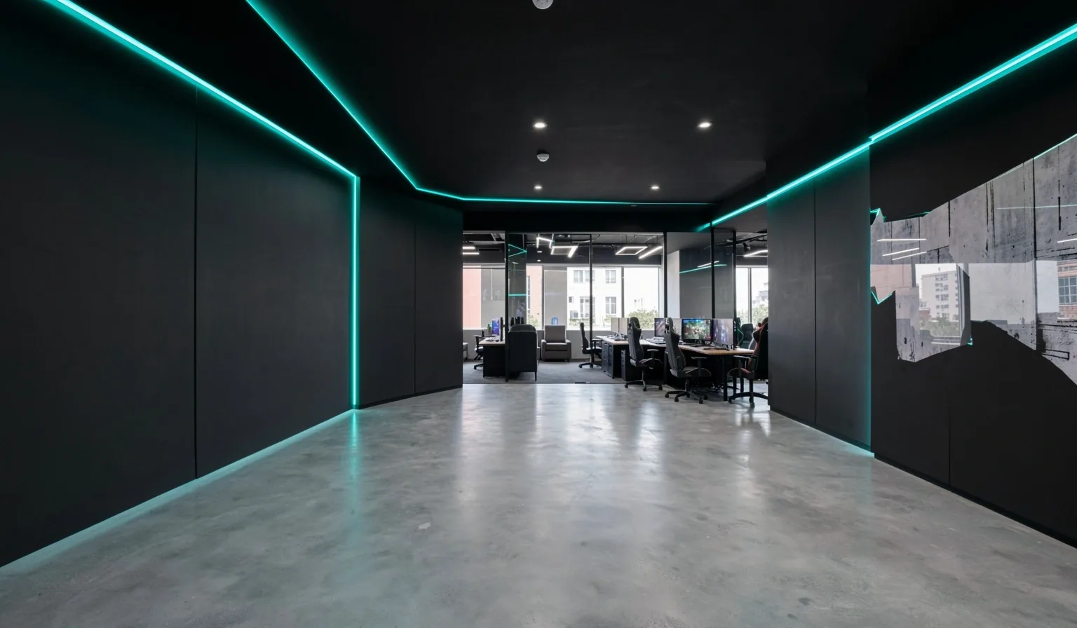 Entrada del centro de computación Renvador con iluminación profesional