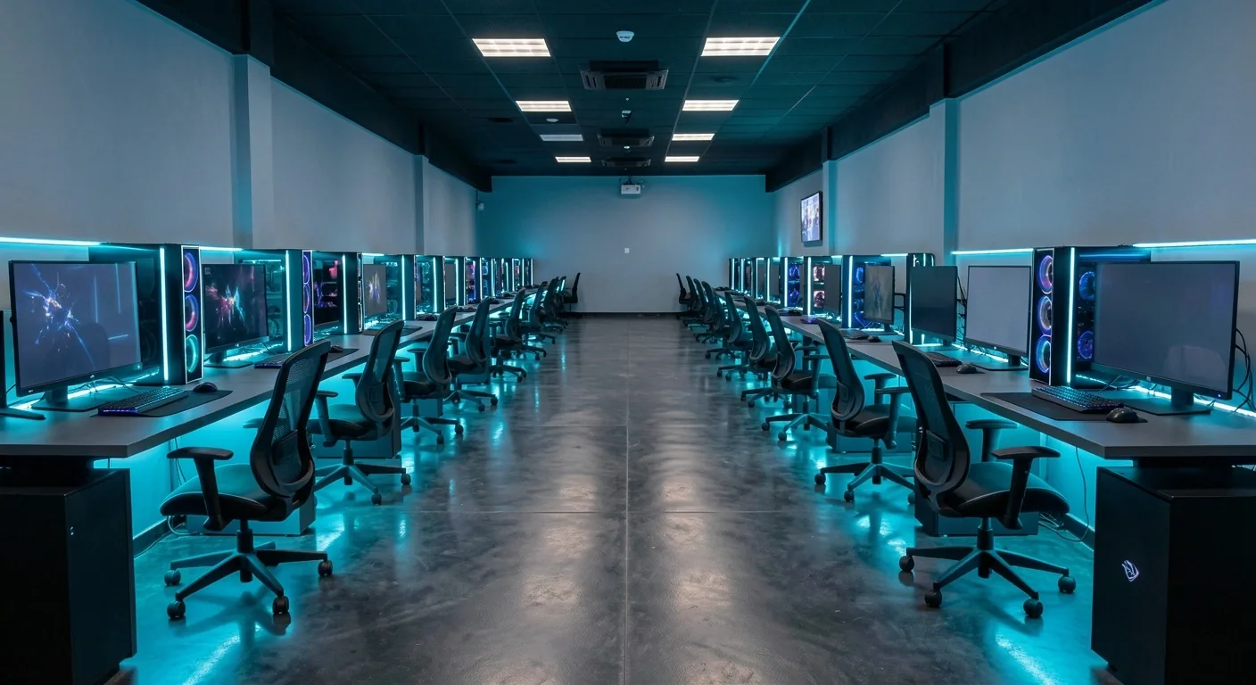 Interior del centro de computación Renvador con iluminación cyan