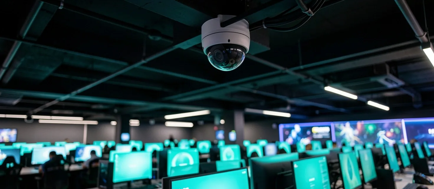 Interior del centro de cómputo con iluminación ambiente y cámaras de seguridad