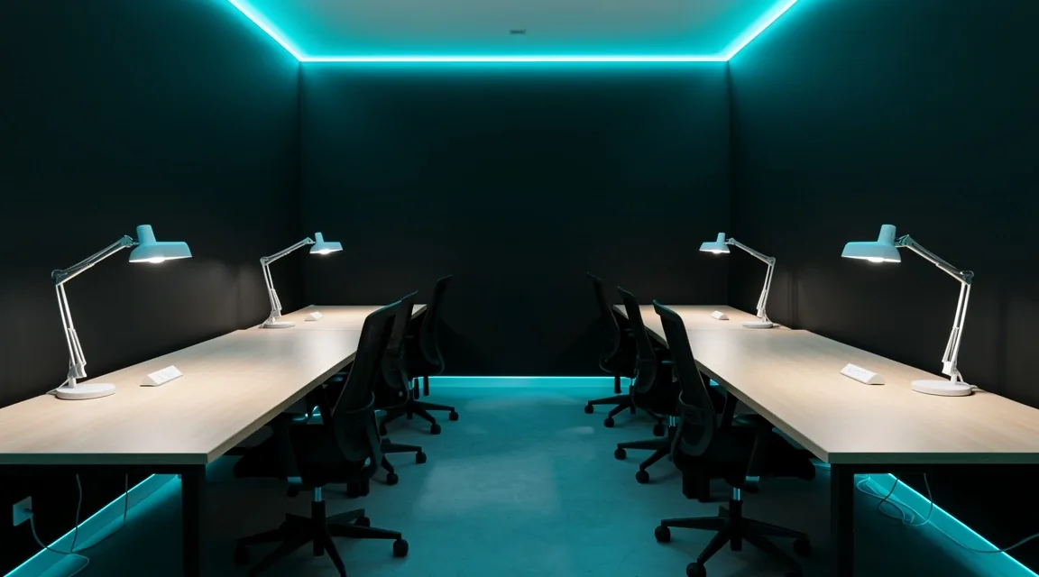 Área de coworking digital con escritorios amplios y tomas de corriente