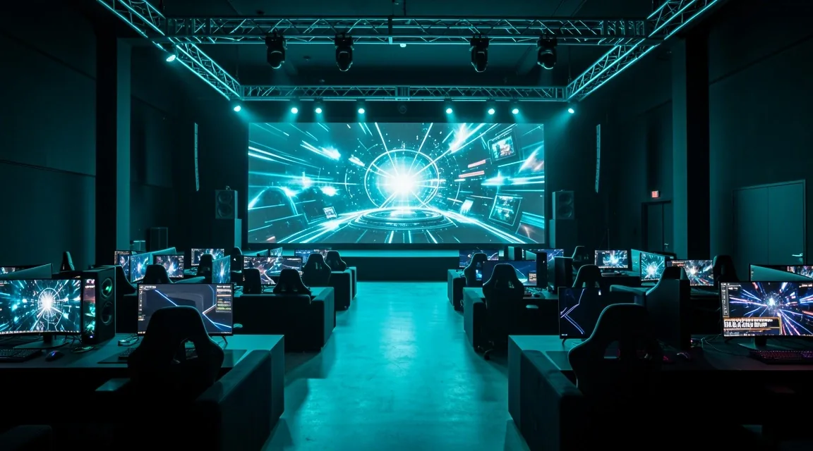 Escenario de competencias con pantalla de proyección y sistema de sonido