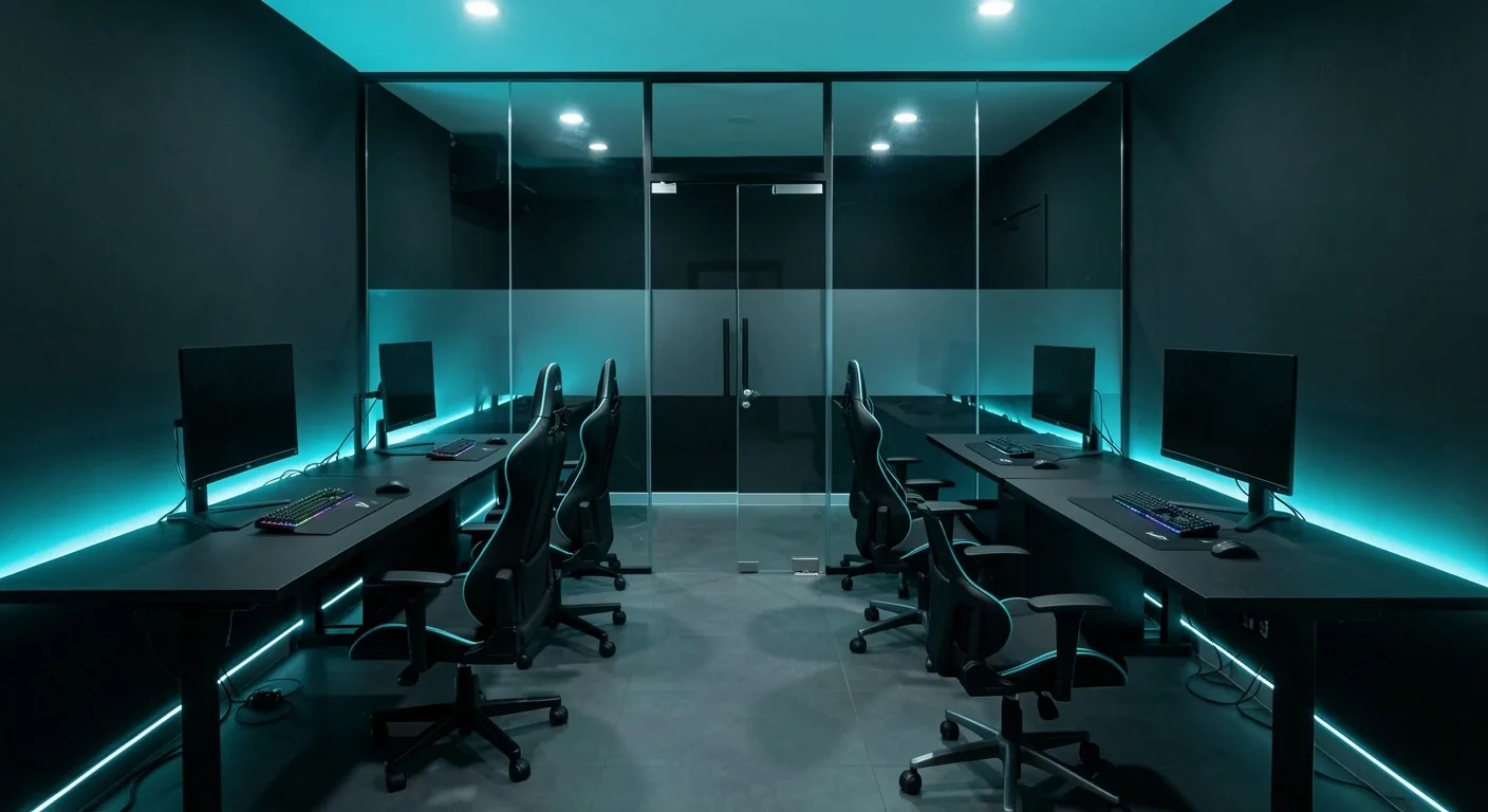 Interior del centro de cómputo Renvador con iluminación cian y estaciones de alto rendimiento
