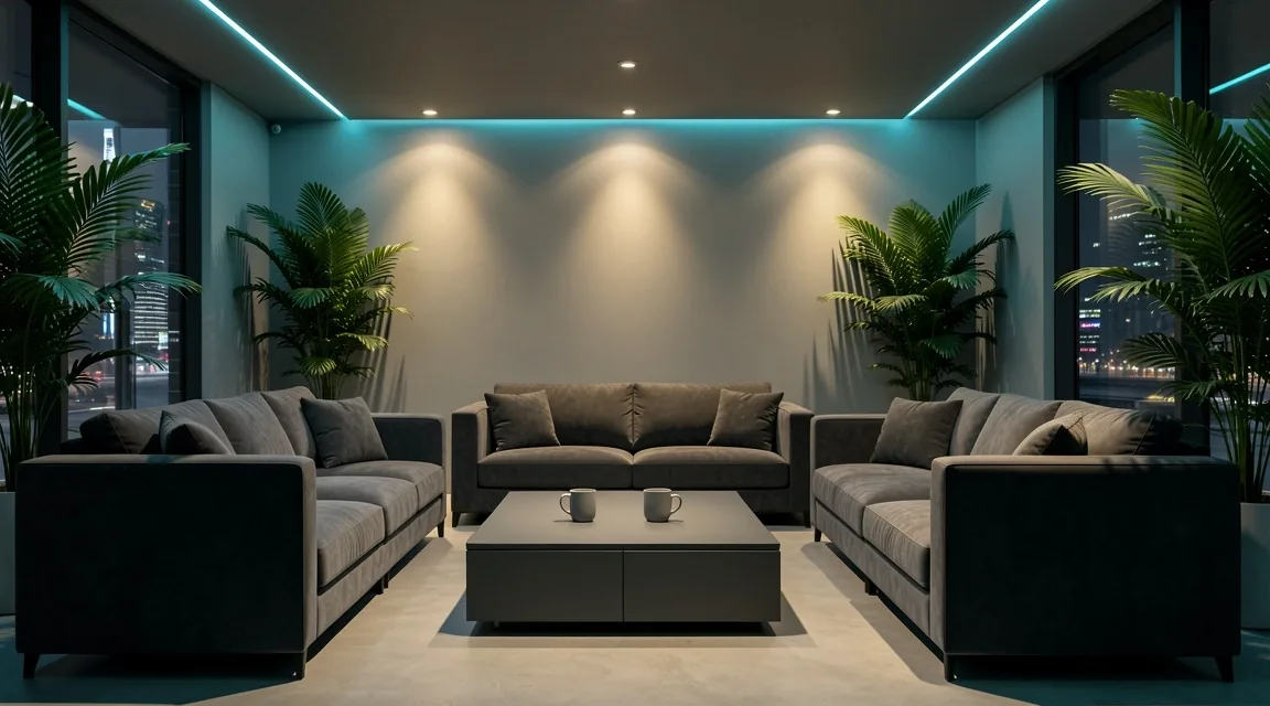 Lounge de descanso con sofás, café y ambiente libre de pantallas