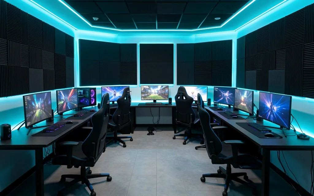 Sala de entrenamiento con cinco estaciones orientadas para comunicación visual